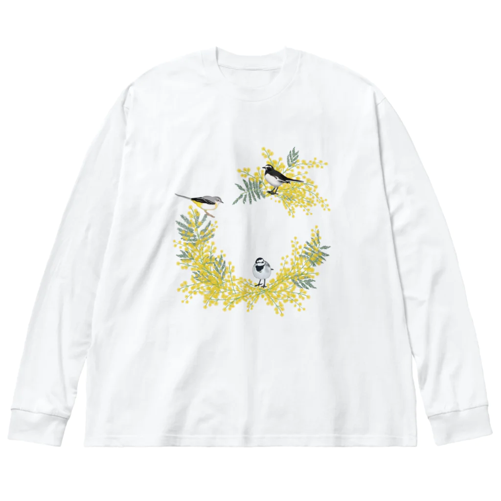 やちよ｜リアル鳥イラストの鶺鴒さんとミモザのリース（枝なし） ビッグシルエットロングスリーブTシャツ