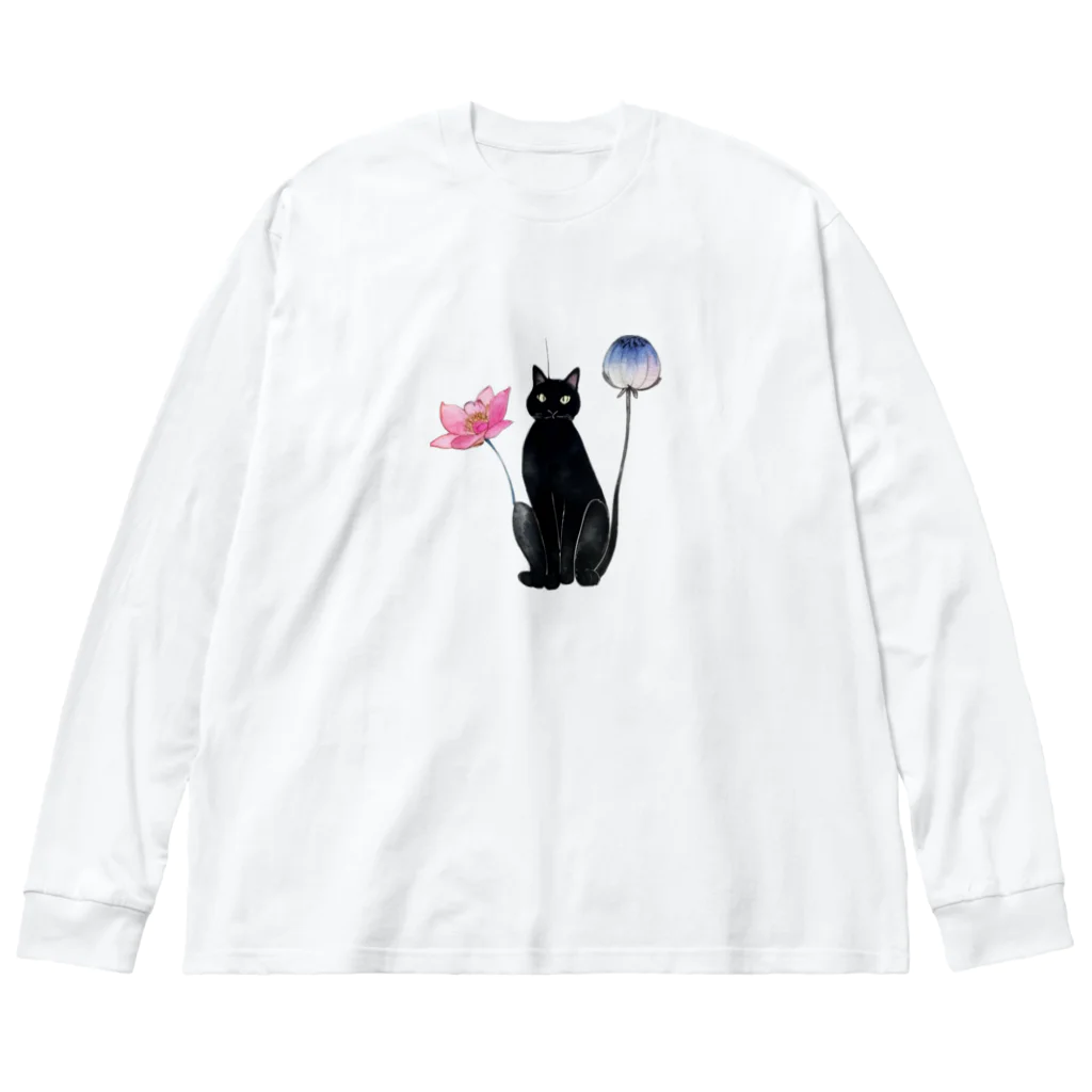 幸運のしっぽの黒猫と花 ビッグシルエットロングスリーブTシャツ