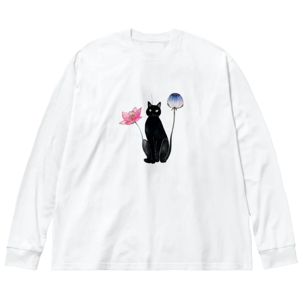 幸運のしっぽの黒猫と花 Big Long Sleeve T-Shirt