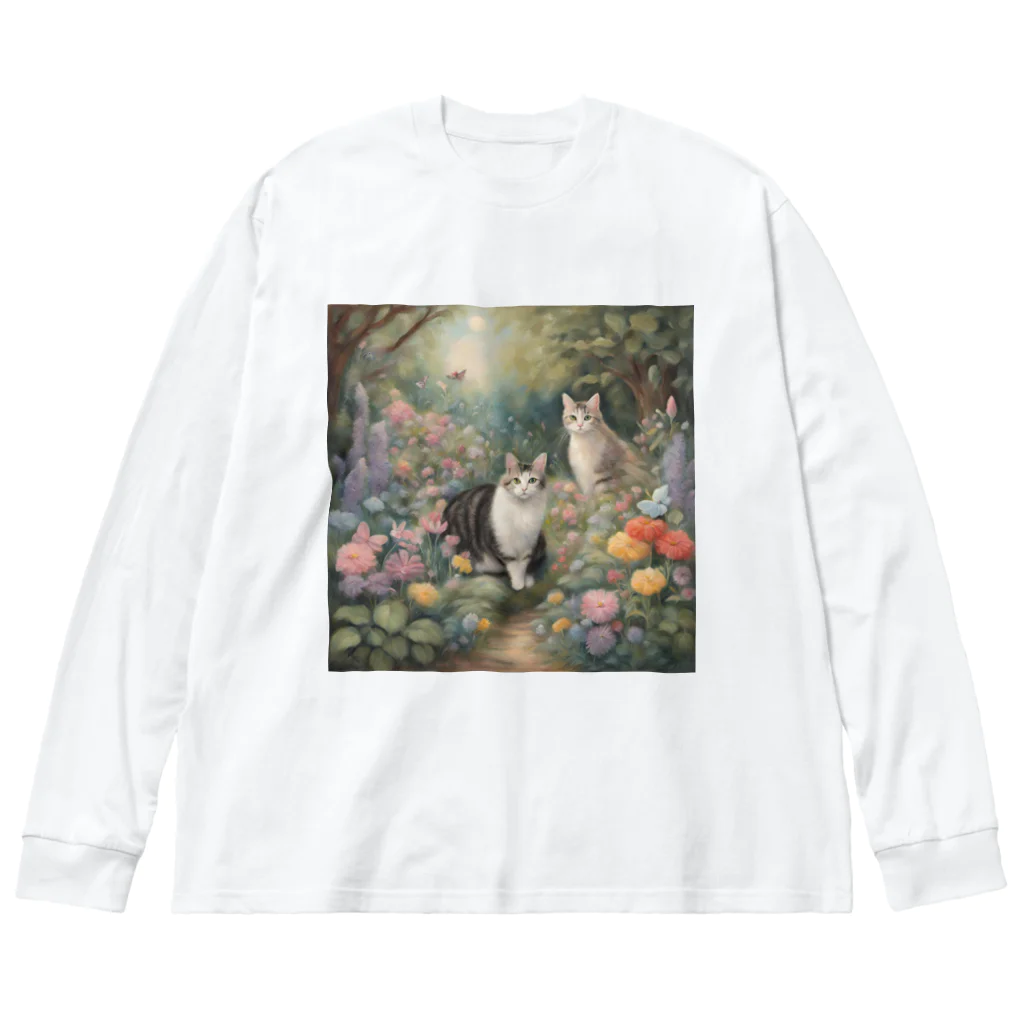 夜のねこの猫の楽園 ビッグシルエットロングスリーブTシャツ