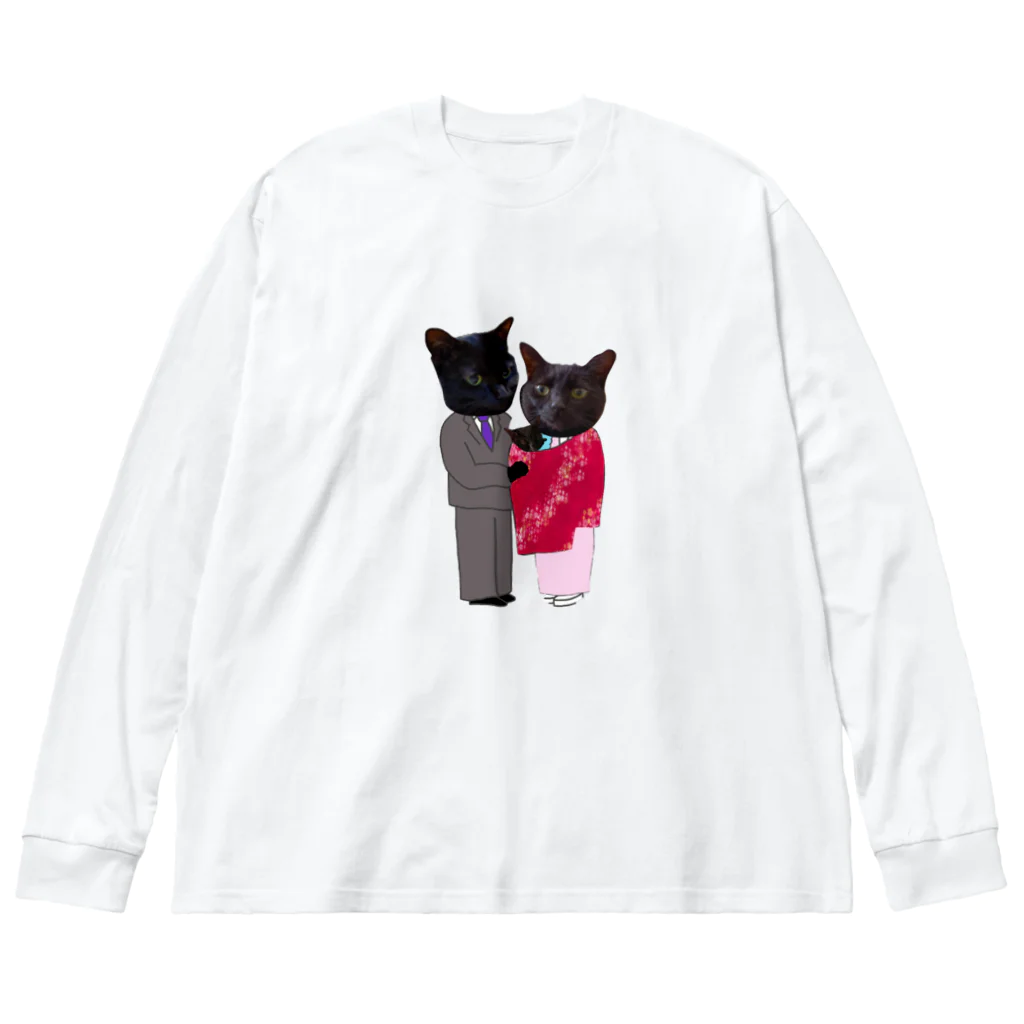 Parallel_merchの黒猫の親子 ビッグシルエットロングスリーブTシャツ