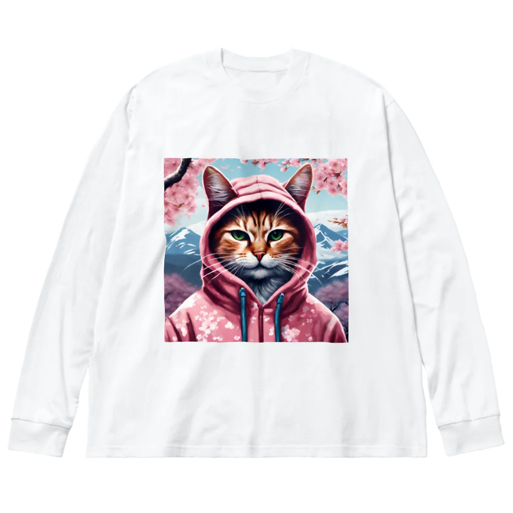 オシャンな動物達^_^の桜舞うなかオシャン猫 Big Long Sleeve T-Shirt