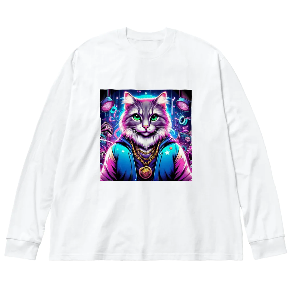 AIフォトSHOPのイケ猫DJ ビッグシルエットロングスリーブTシャツ