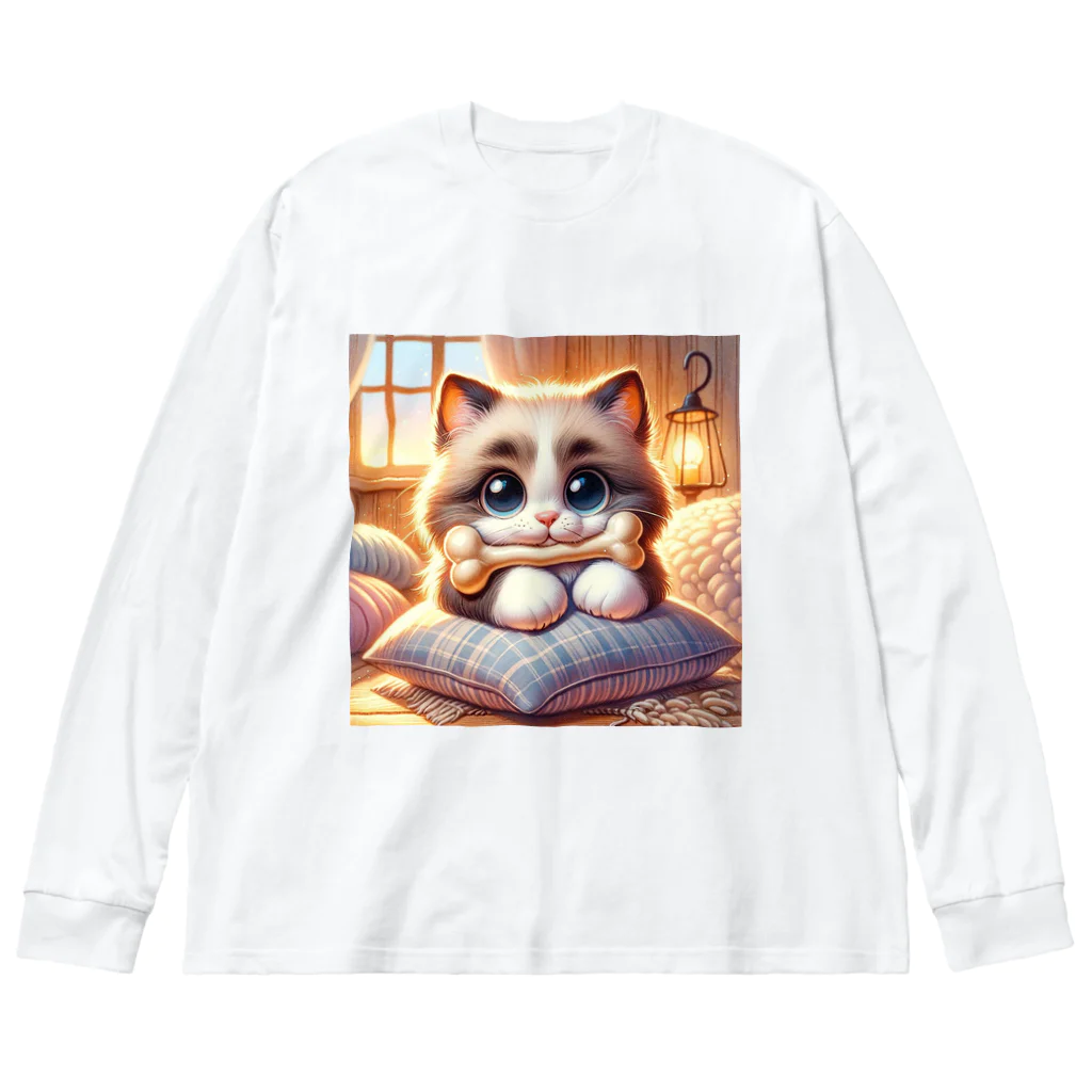 TomaTracksの骨をくわえた猫ちゃん Big Long Sleeve T-Shirt