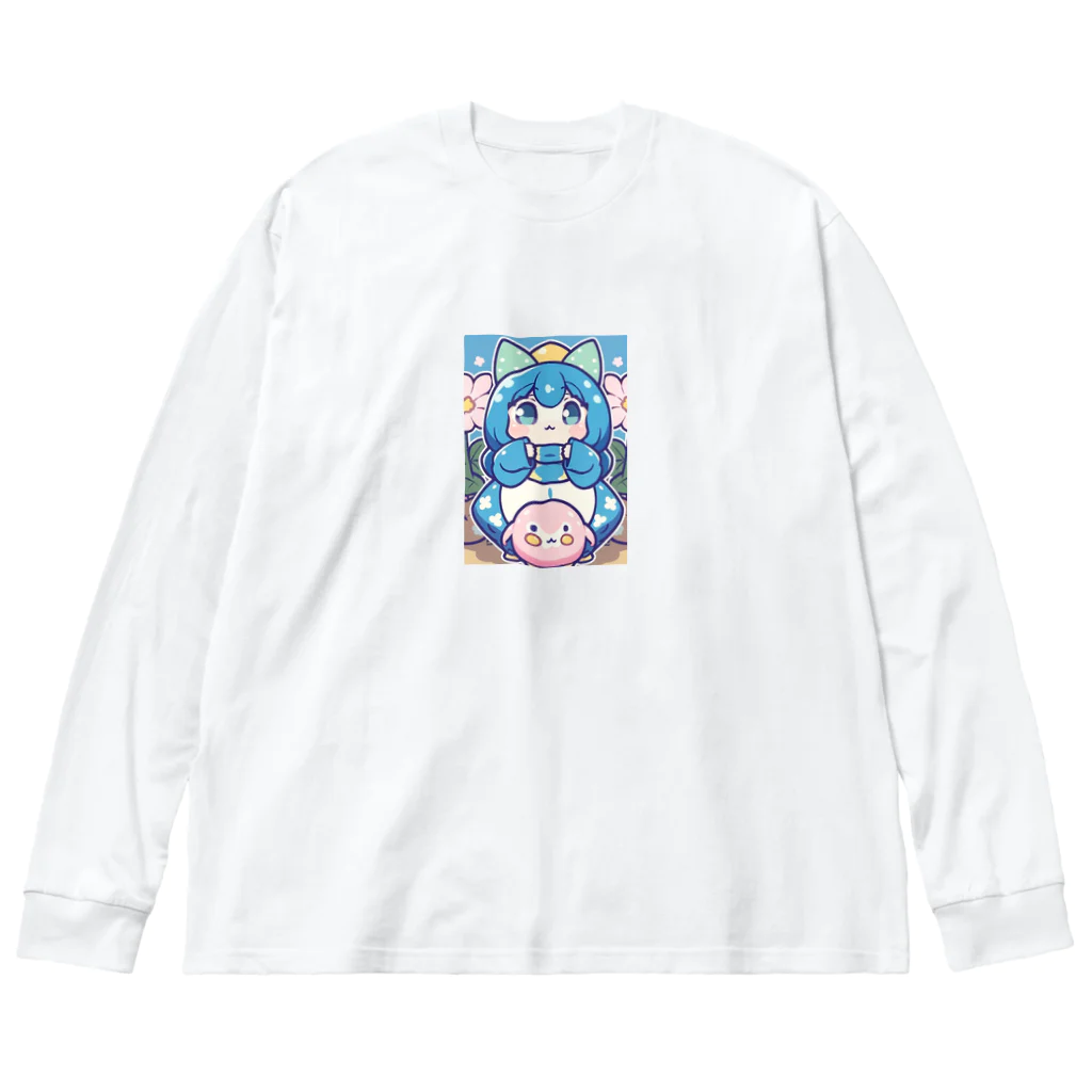 カピパーラ🐻の青い髪の姫とピンクのかわいい生物♪ ビッグシルエットロングスリーブTシャツ