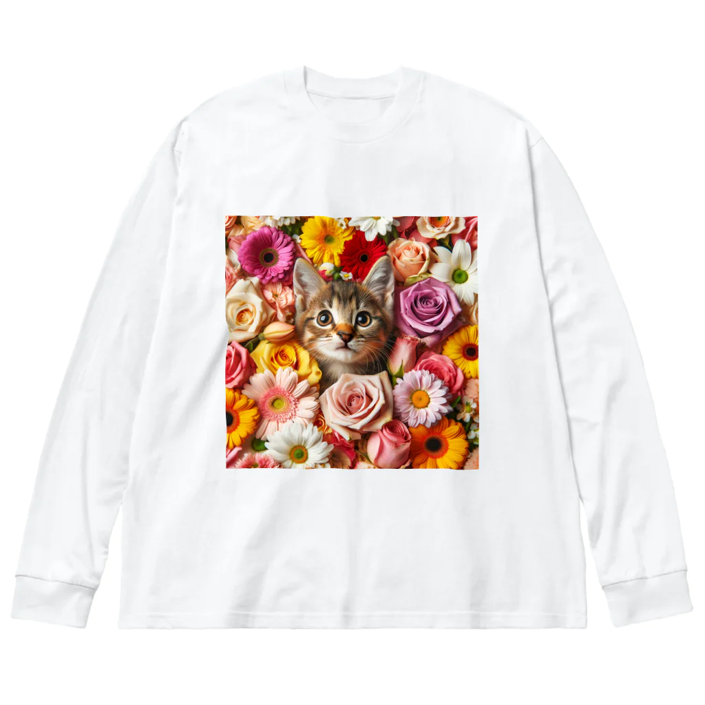 IloveCatの美しい花々と可愛らしい子猫 ビッグシルエットロングスリーブTシャツ