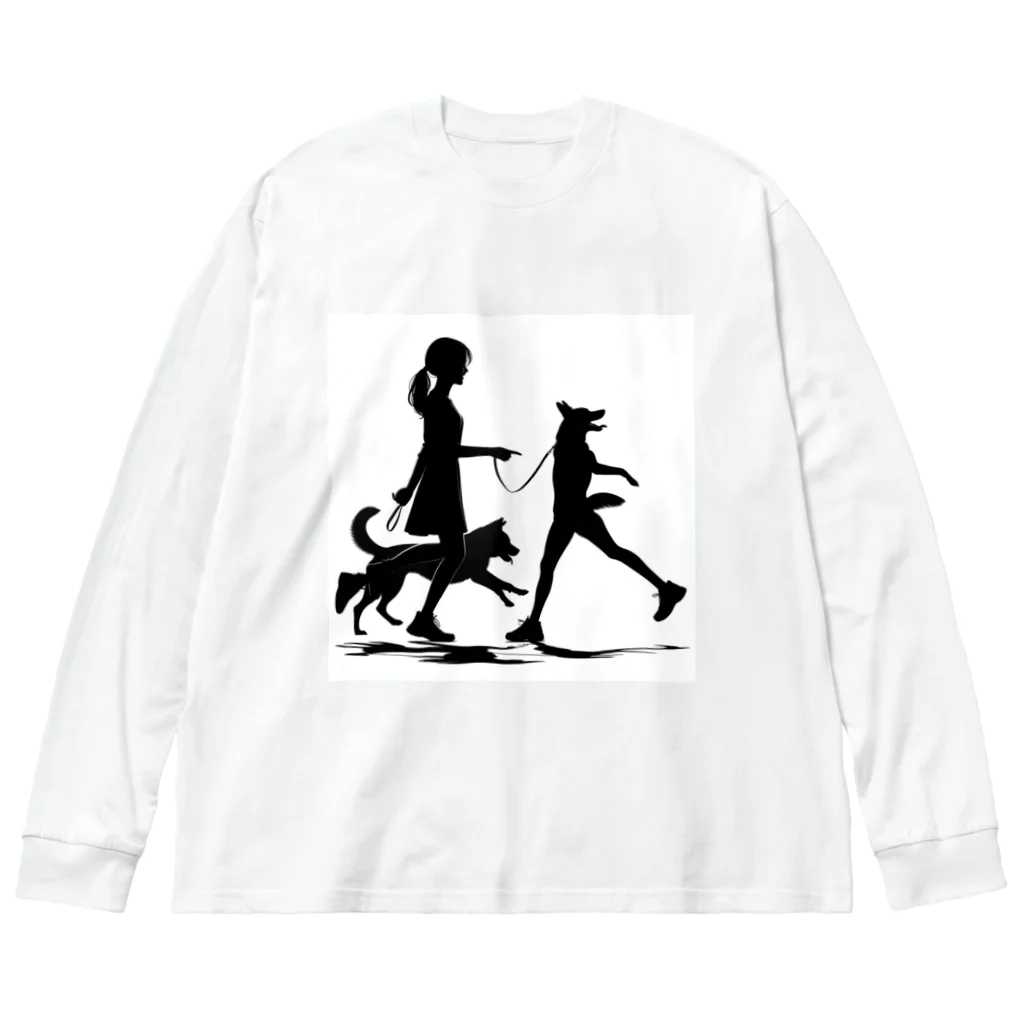 AI間違い探しの犬を散歩する女の子のシルエット ビッグシルエットロングスリーブTシャツ