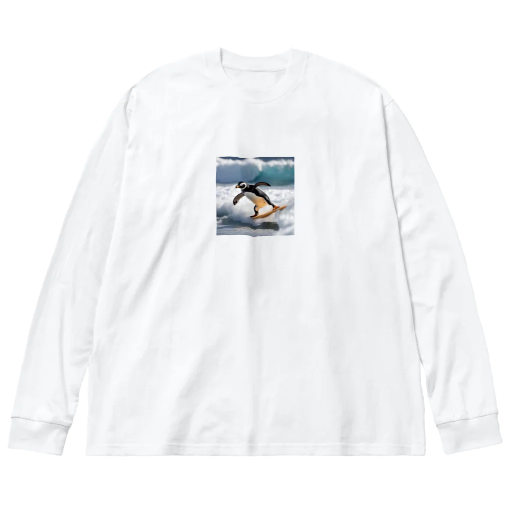 hakumenhonのサーフィンするペンギン第2弾 ビッグシルエットロングスリーブTシャツ