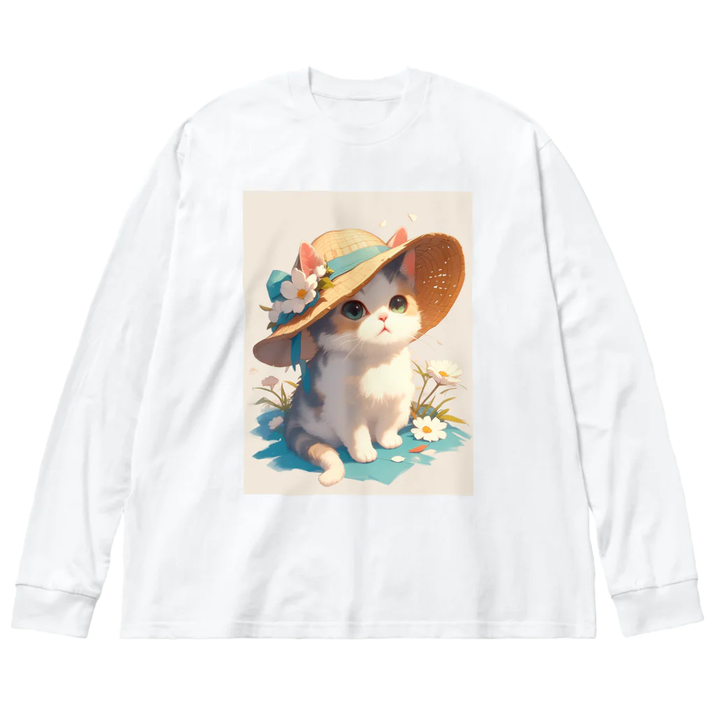 AQUAMETAVERSEの帽子をかぶった可愛い子猫 Marsa 106 ビッグシルエットロングスリーブTシャツ