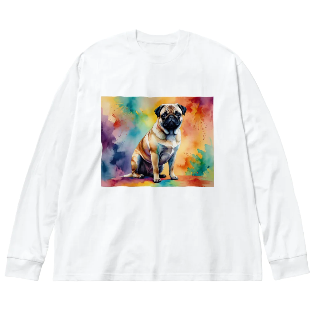 Animal Illustration shopのパグ　Pug　水彩画風 ビッグシルエットロングスリーブTシャツ