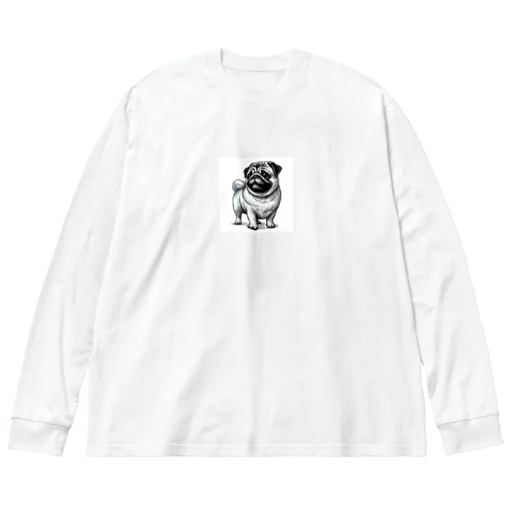 鼻ぺちゃ犬と和猫の遠くを見つめるパグ Big Long Sleeve T-Shirt