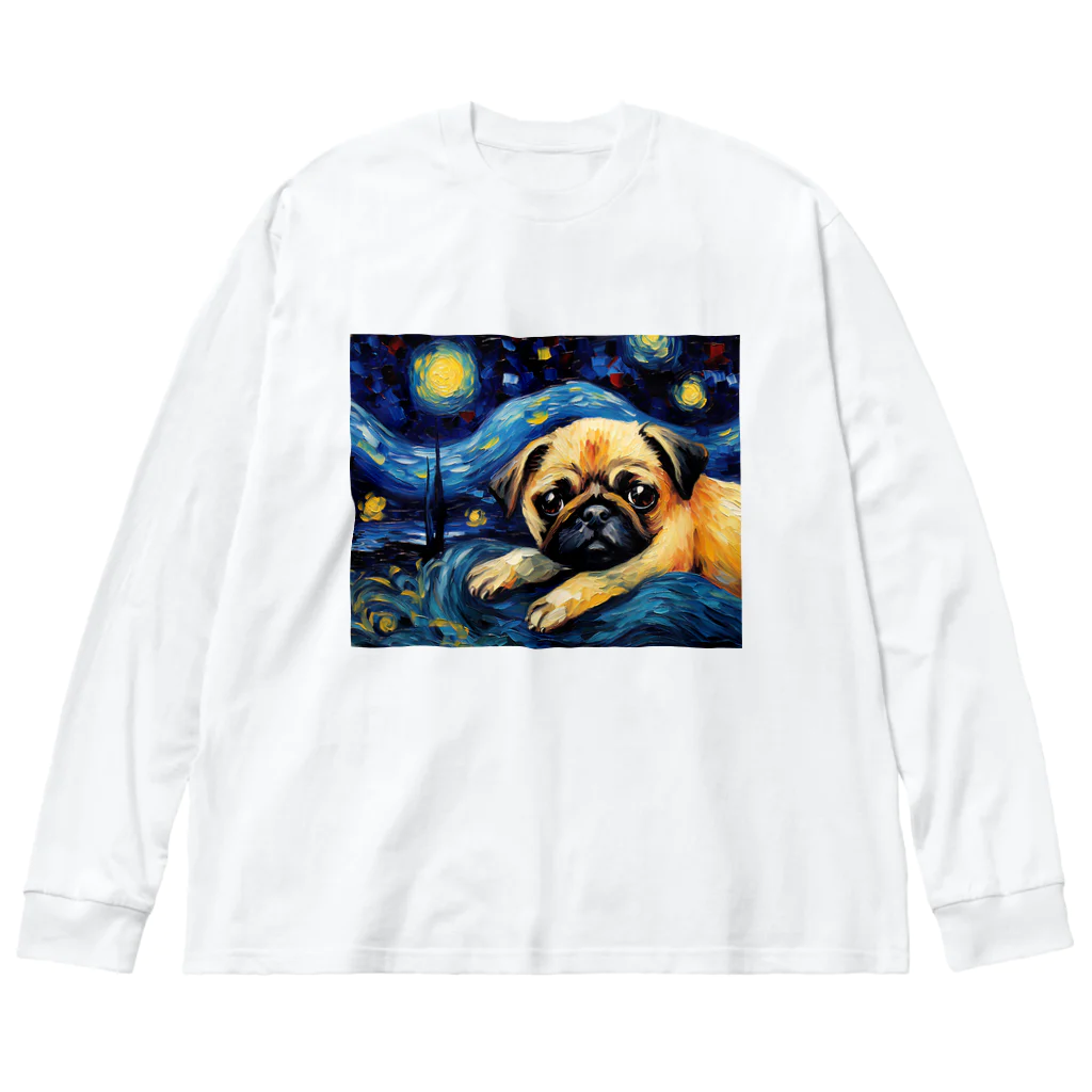 Dog Art Museumの【星降る夜 - パグ犬の子犬 No.3】 Big Long Sleeve T-Shirt