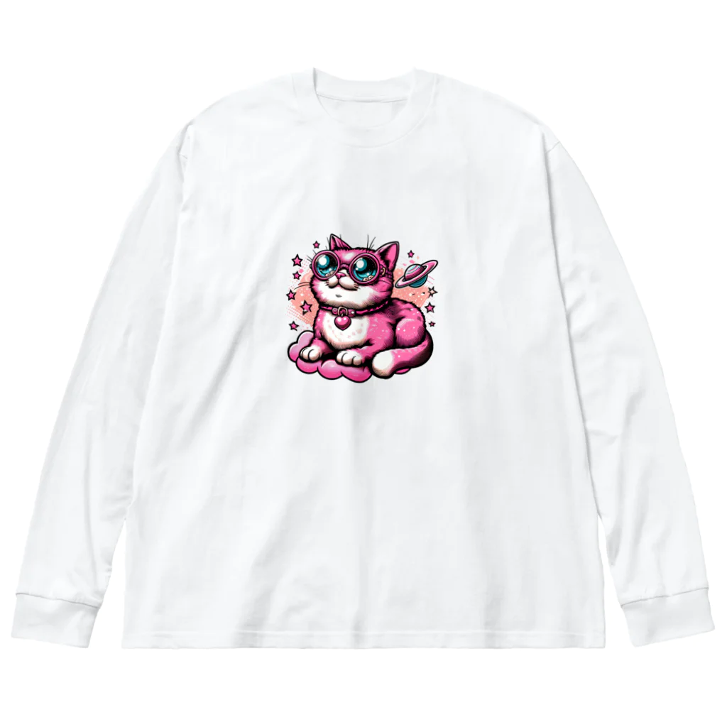 momonekokoの宇宙を見つめるピンク色の猫 ビッグシルエットロングスリーブTシャツ