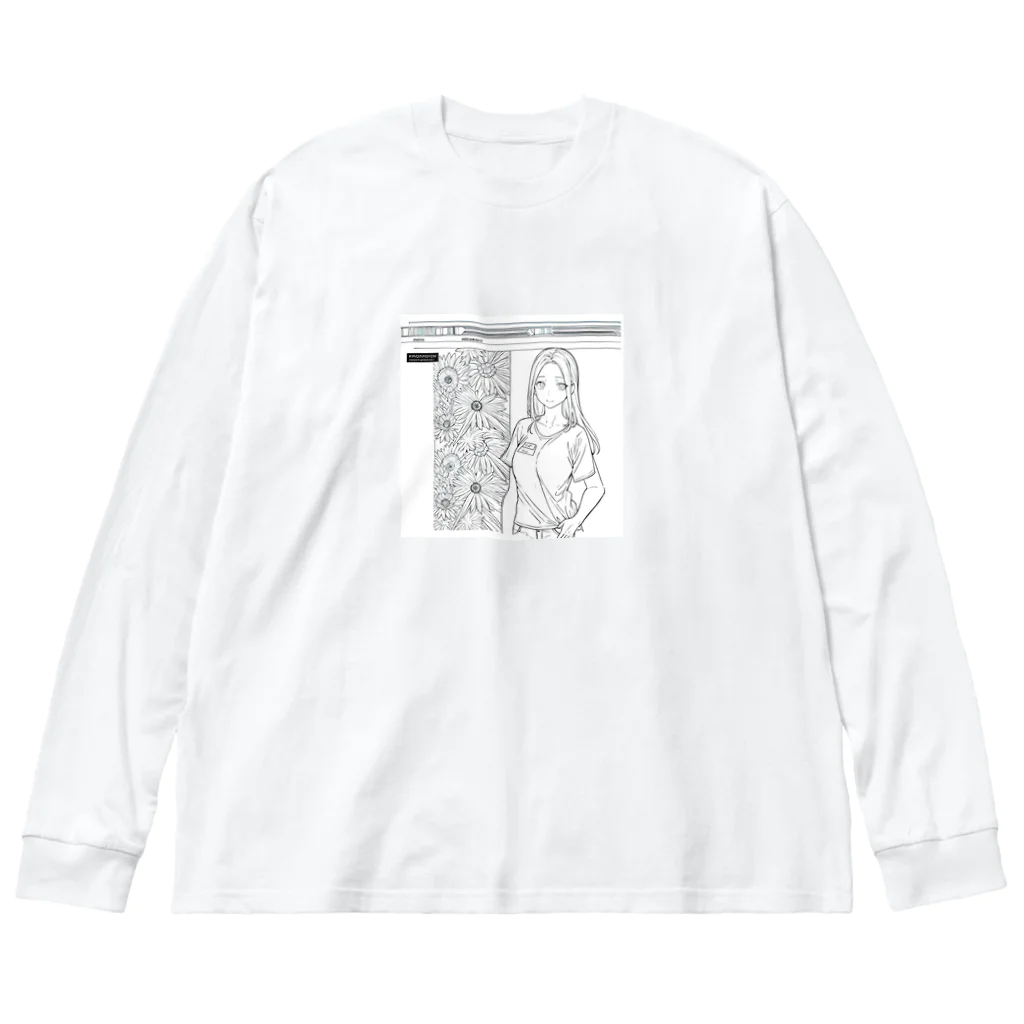 猫集めの爽やかな女性が描かれた線画 Big Long Sleeve T-Shirt