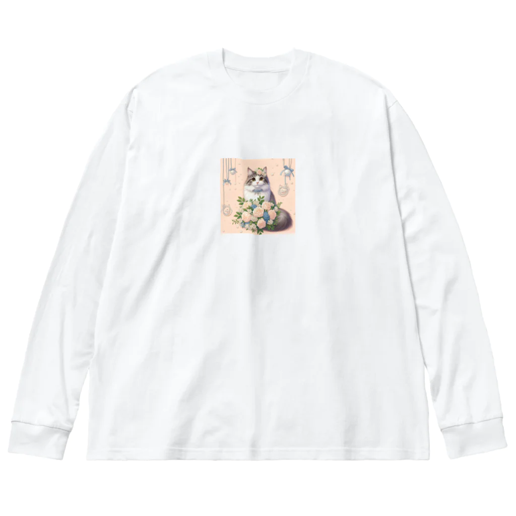 Y m @Y's shopの猫と薔薇　パールver. Big Long Sleeve T-Shirt