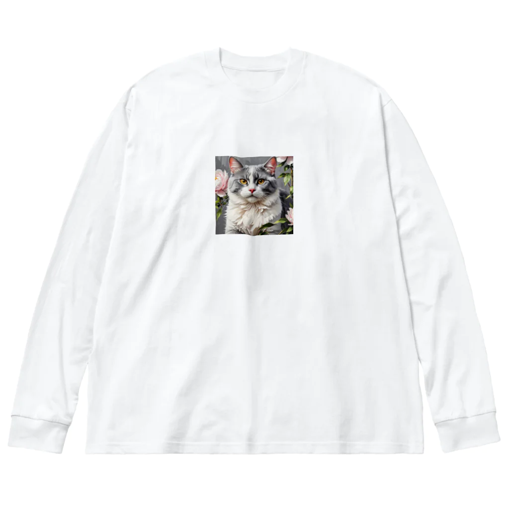 Sunbathingのピオニーと猫 ビッグシルエットロングスリーブTシャツ