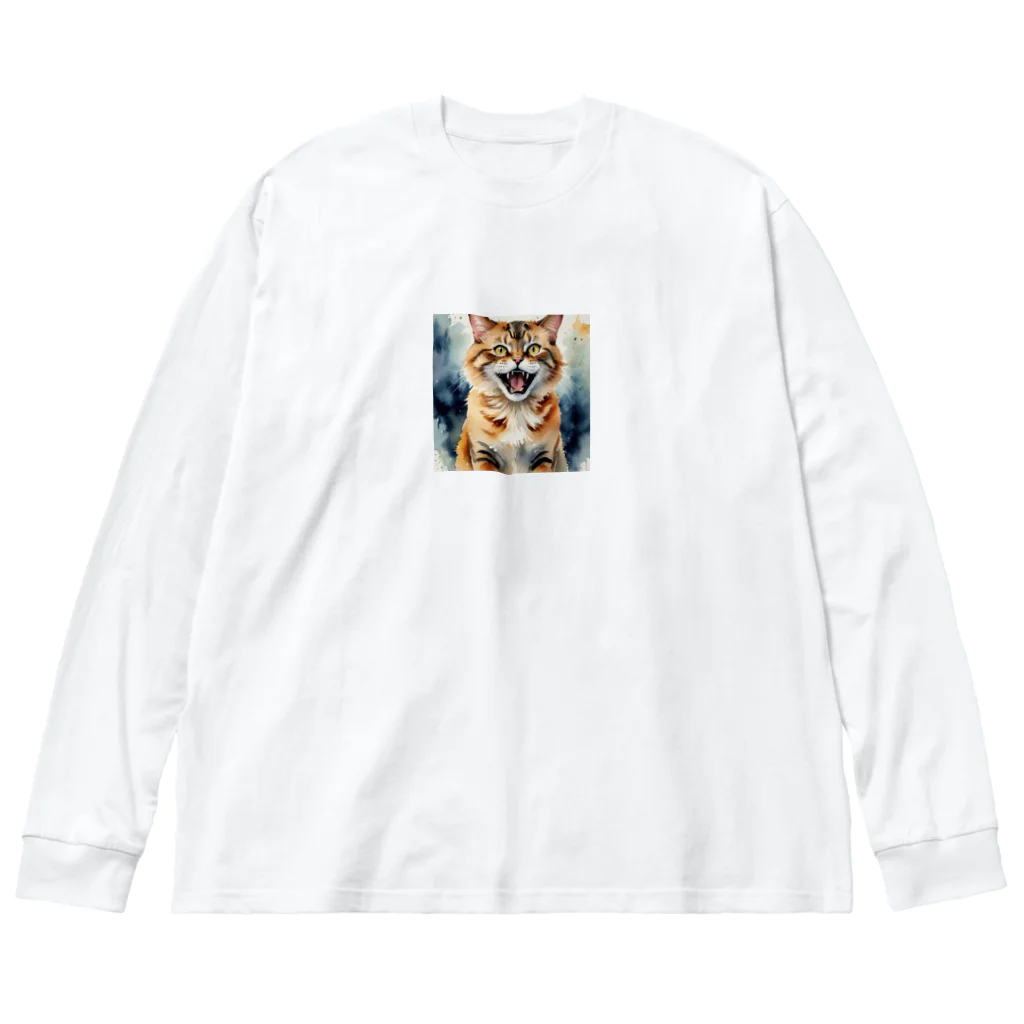 おさけふざけ＠アル中戦隊の怒った猫の表情が鮮やかに描かれた水彩画 ビッグシルエットロングスリーブTシャツ