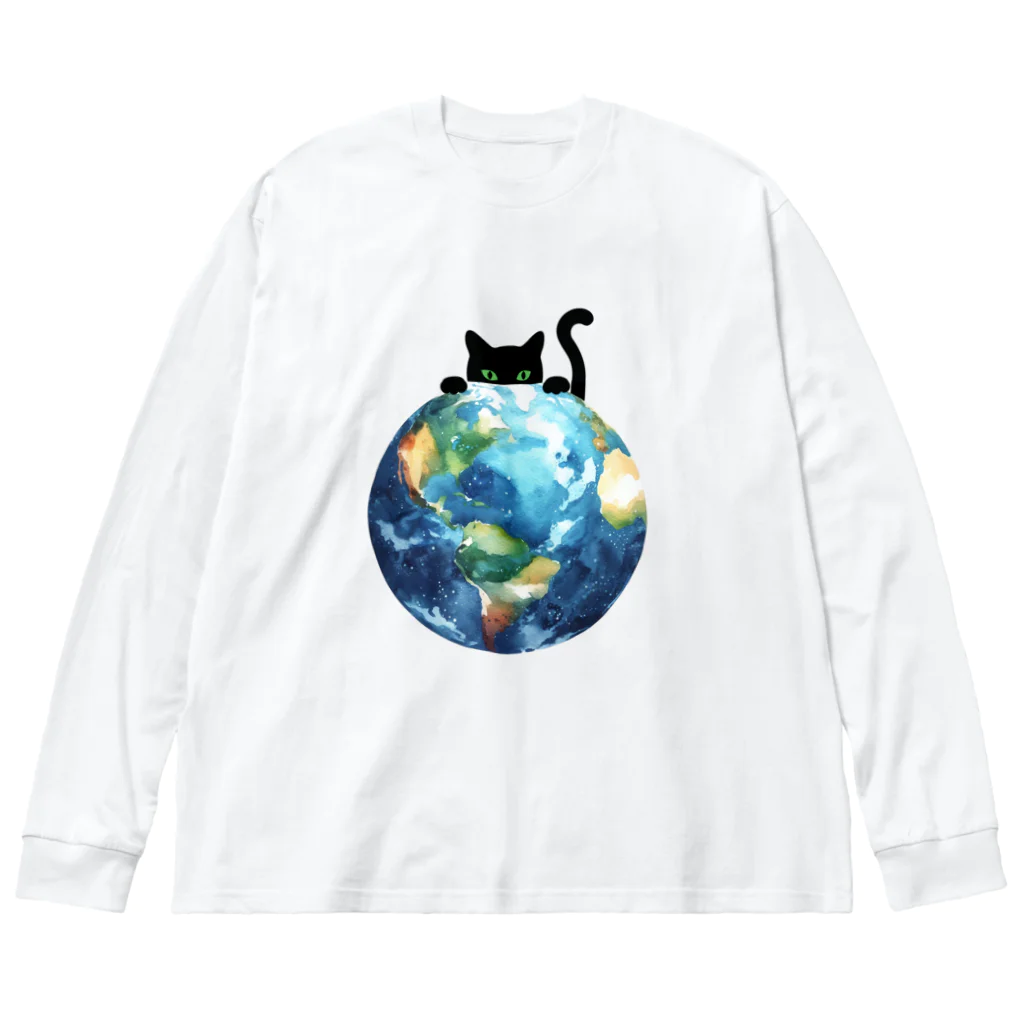 amecatsの地球と黒猫 ビッグシルエットロングスリーブTシャツ