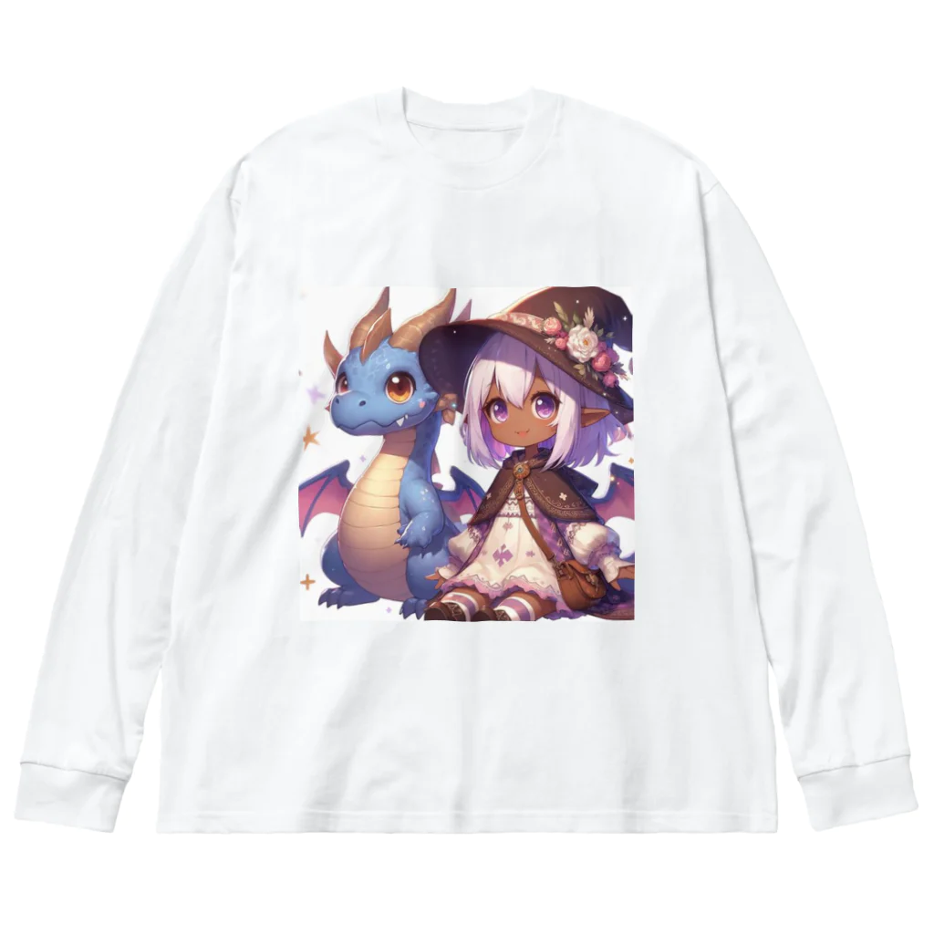 ピクセルパレットのドラゴンと可愛い女の子3 ビッグシルエットロングスリーブTシャツ