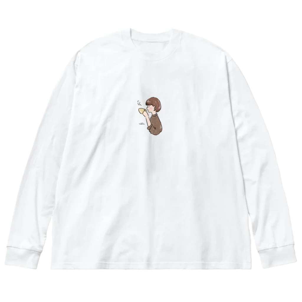 Sakikoのほっとひと息つく女の子　カフェ　ブラウン ビッグシルエットロングスリーブTシャツ