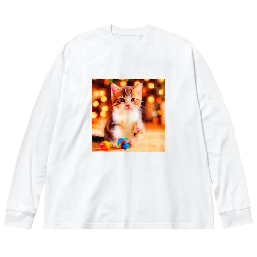 猫好きの谷の猫の水彩画/キジシロねこのイラスト/おもちゃで遊ぶキジ白ネコ ビッグシルエットロングスリーブTシャツ
