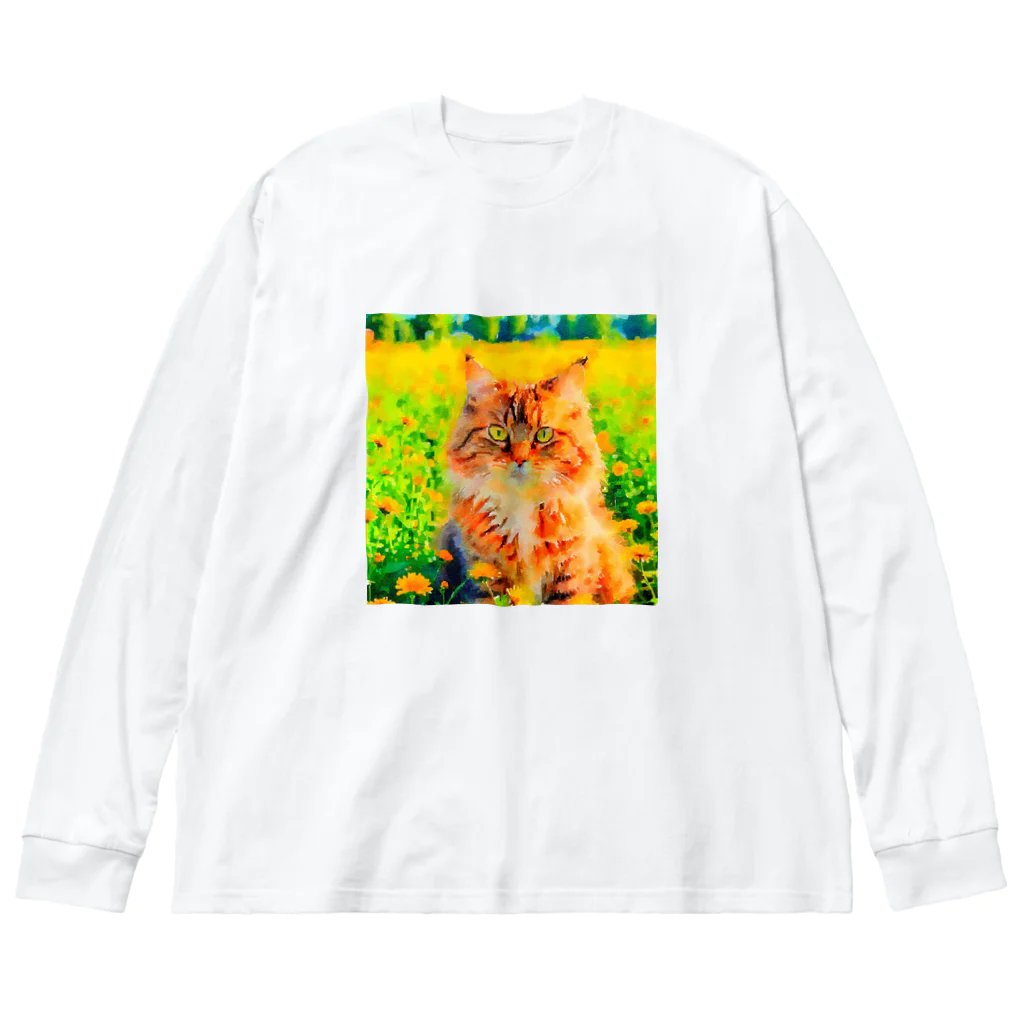 猫好きの谷の猫の水彩画/花畑のサイベリアンねこのイラスト/キジトラネコ Big Long Sleeve T-Shirt