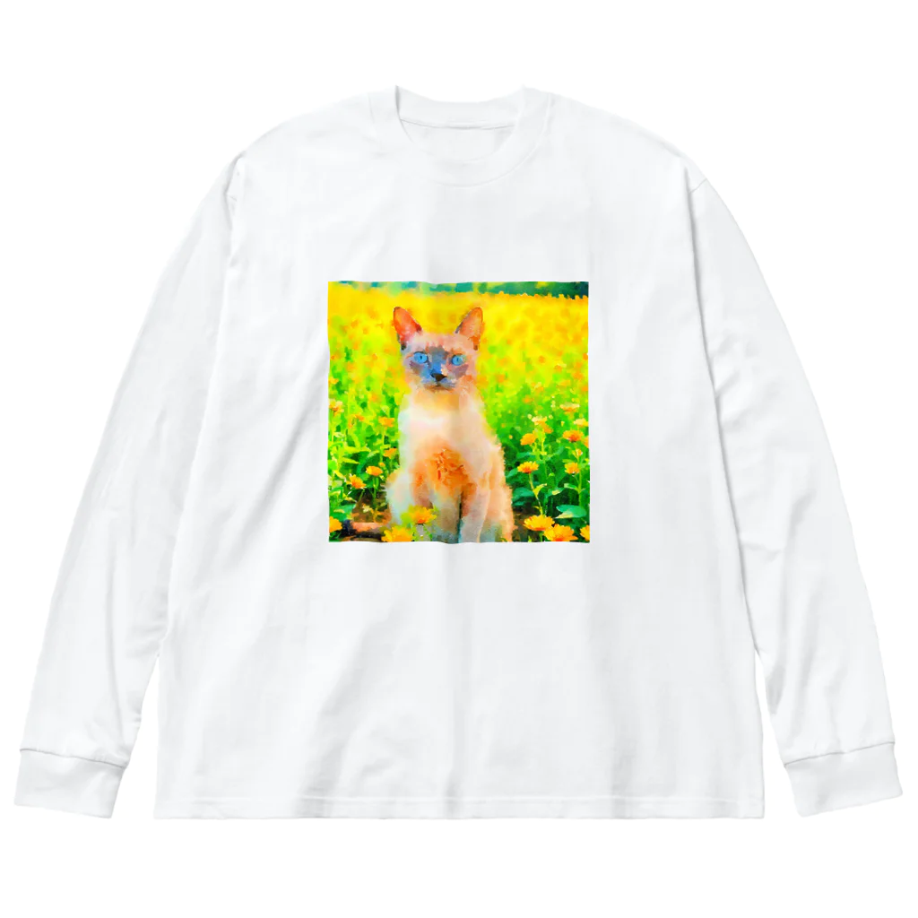 猫好きの谷の猫の水彩画/花畑のトンキニーズねこのイラスト/ポイントネコ Big Long Sleeve T-Shirt