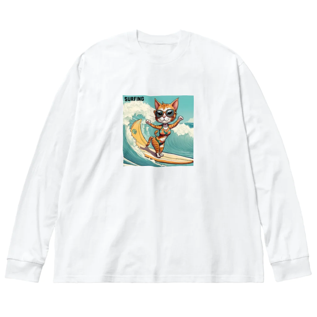 ハワイライフのSURFING猫（女の子バージョン） ビッグシルエットロングスリーブTシャツ