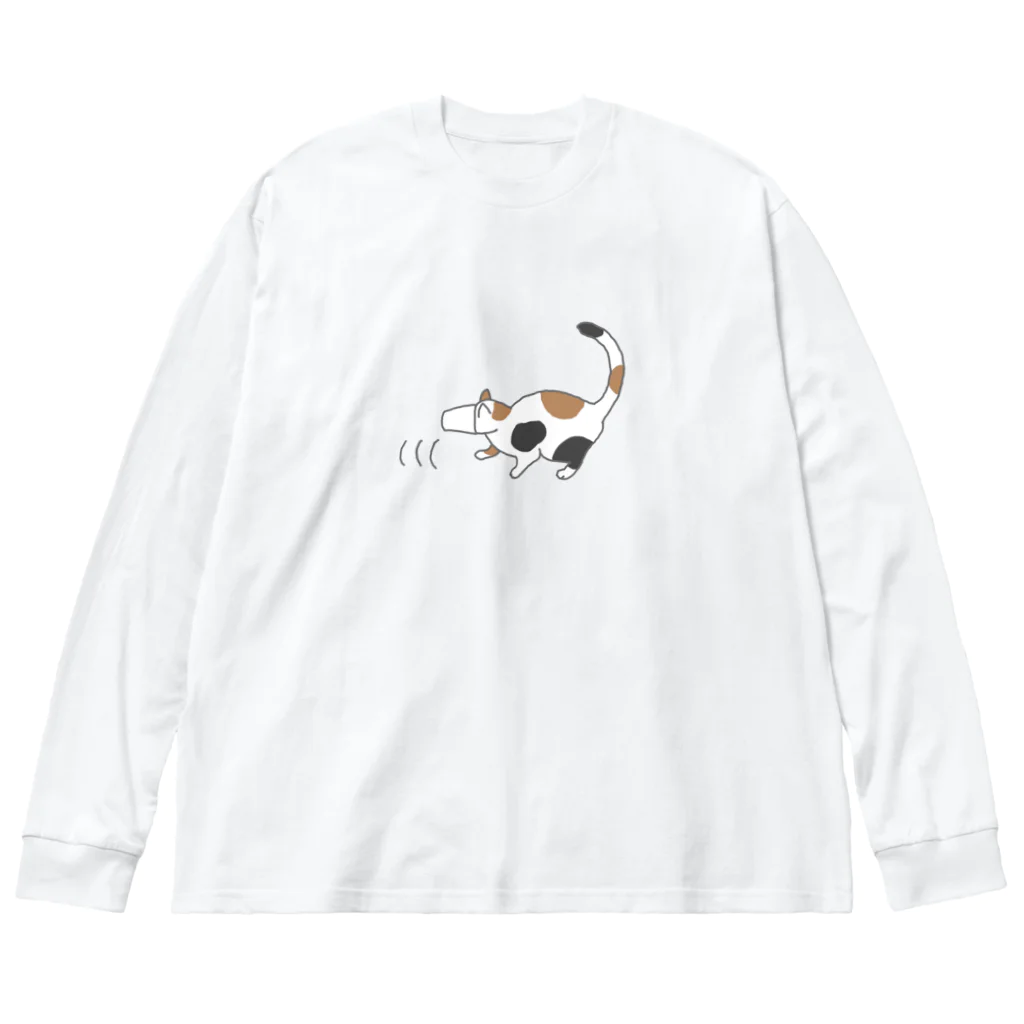 ざわ屋の紙コップから頭が抜けず後ずさりする猫 Big Long Sleeve T-Shirt