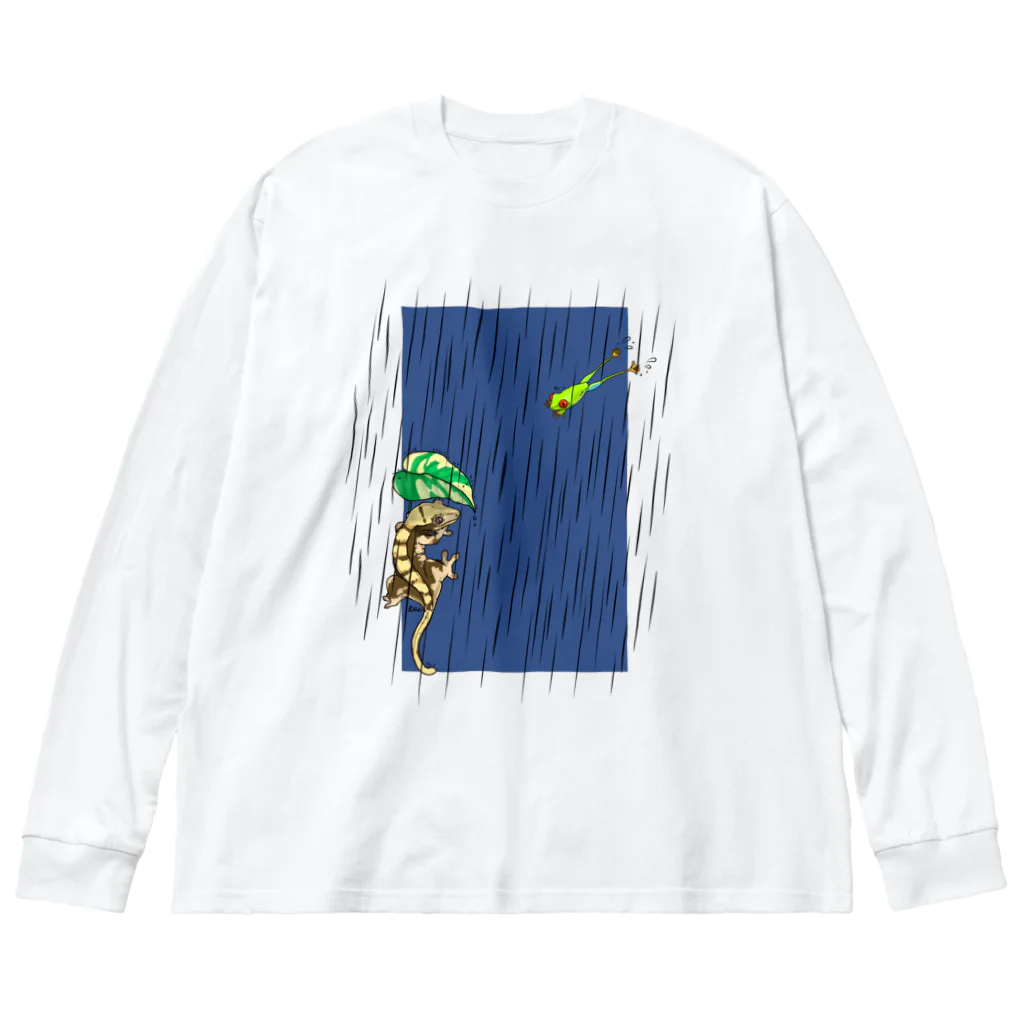 檸檬飴の雨の日のアカメアマガエルとクレステッドゲッコー(ホワイト) Big Long Sleeve T-Shirt