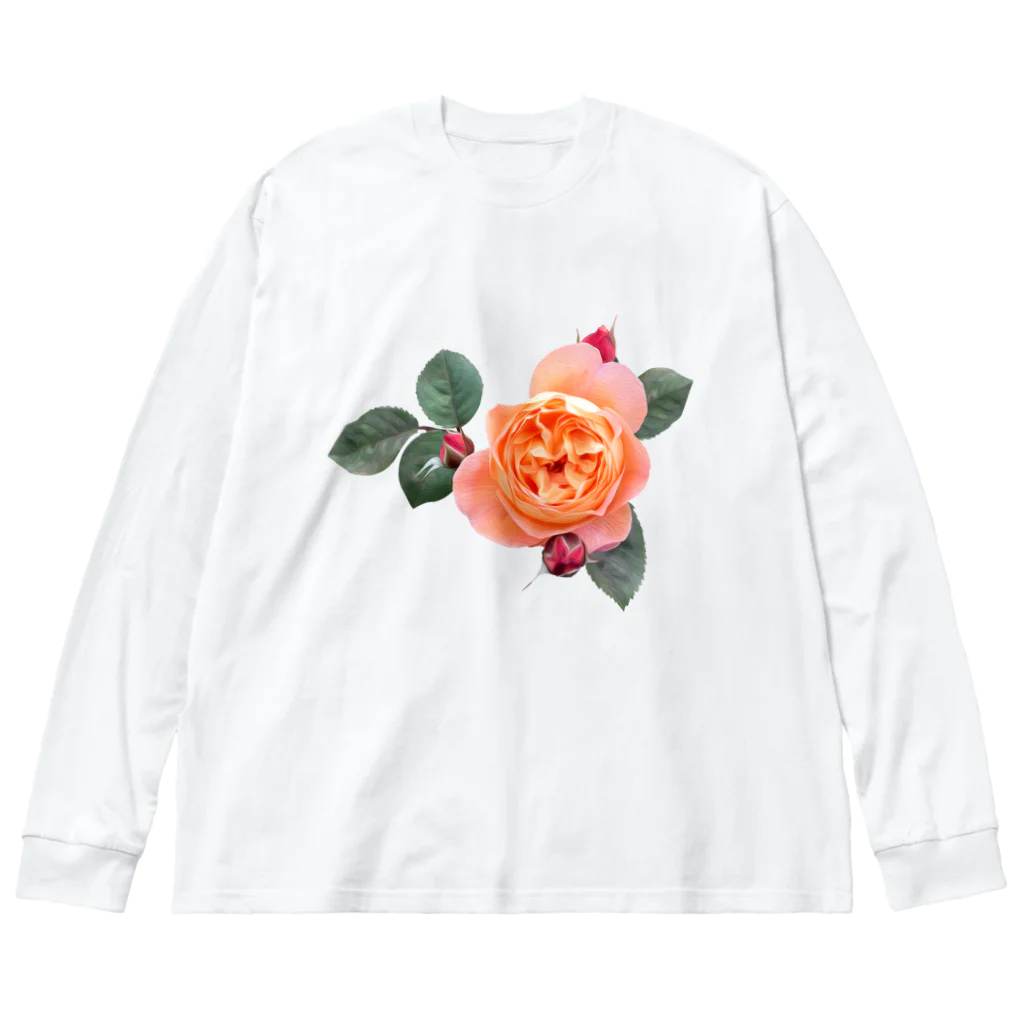 コマタヒチの【ロマン】蕾と葉のついたオレンジピンクの薔薇 ビッグシルエットロングスリーブTシャツ