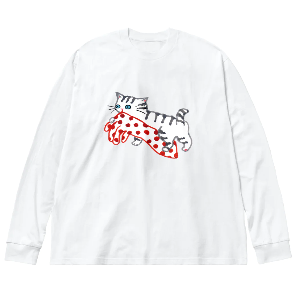 マイマイタケの水玉手袋とねこ ビッグシルエットロングスリーブTシャツ