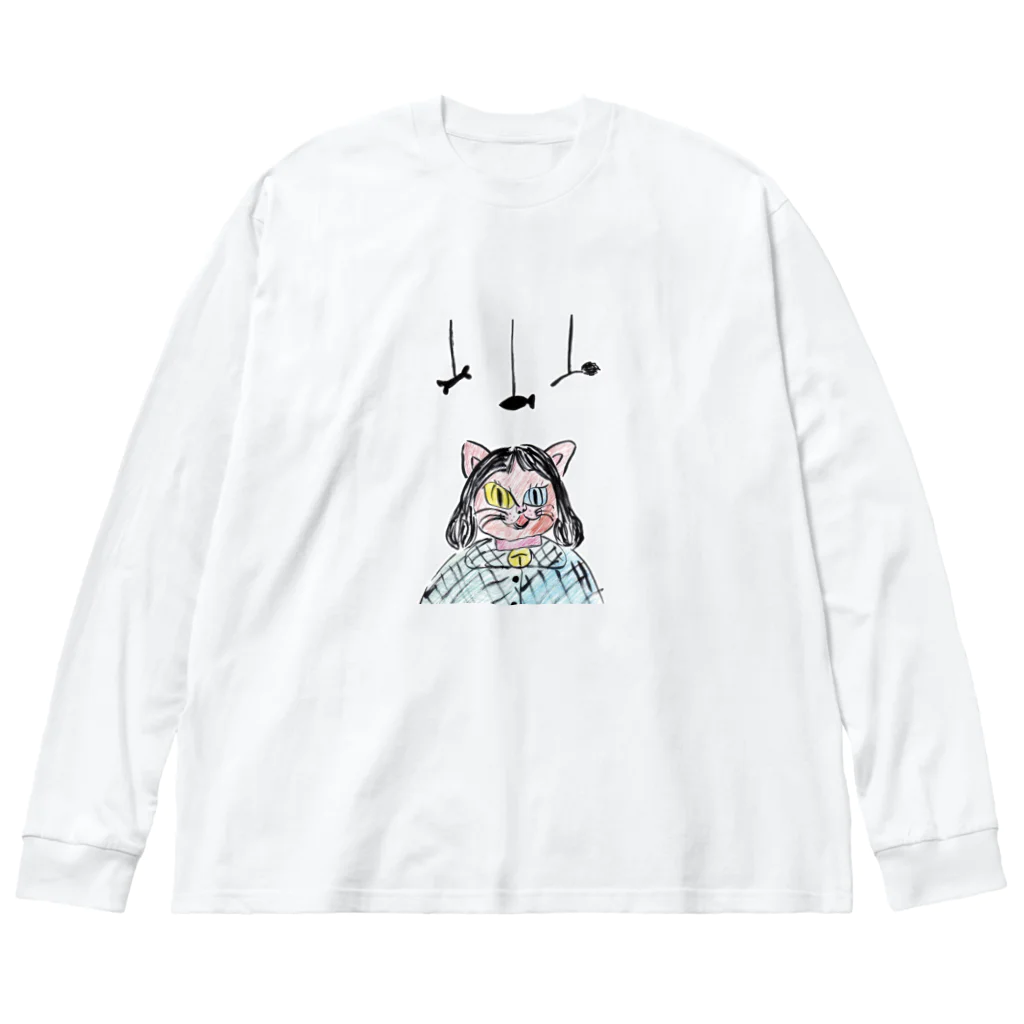 子猫の夫婦 【 ネコ の Tシャツ サンダル グッズ などのお店】の【 数量限定 】 「 キャット少女 」 猫 Tシャツ 帽子 など Big Long Sleeve T-Shirt