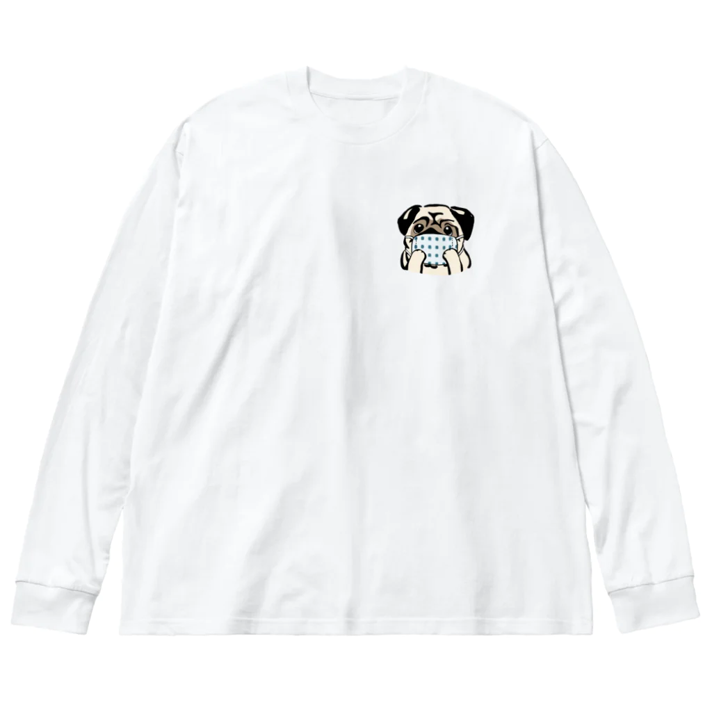 犬グッズの店しえるぶるーのハンドメイドマスクをつけたパグ ビッグシルエットロングスリーブTシャツ