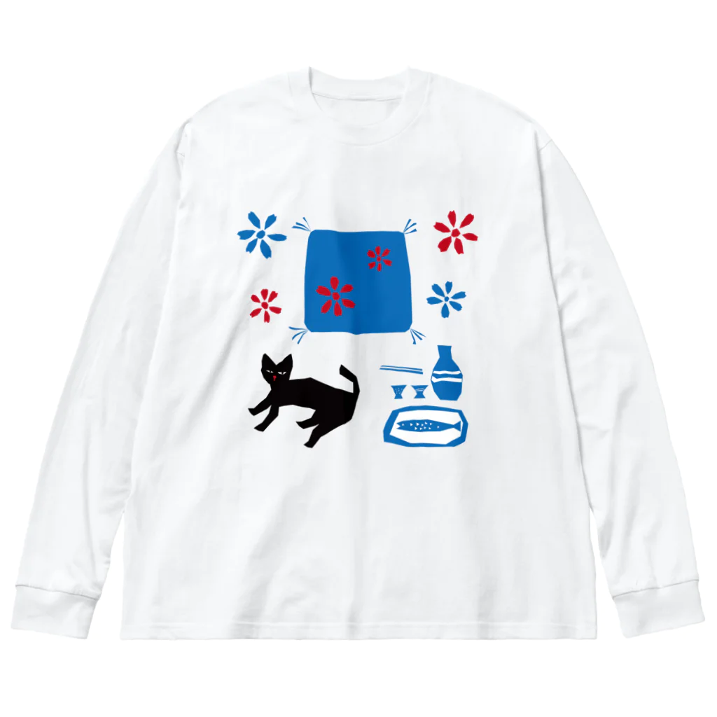 SOKICHISAITOの猫と座布団とお銚子とお猪口 ビッグシルエットロングスリーブTシャツ