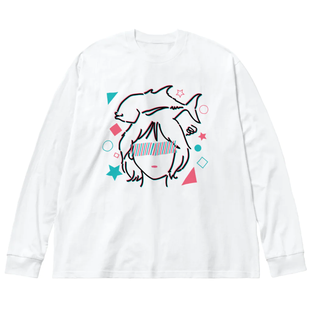 Riki Design (Okinwa Fishing style)の釣りガール_イラストブラック ビッグシルエットロングスリーブTシャツ