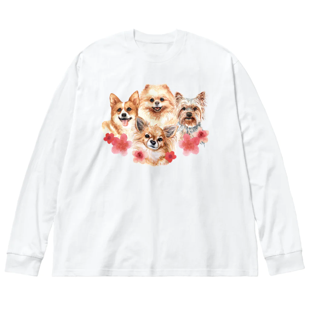 SANKAKU DESIGN STOREのお花の似合う小さい犬たち。 ビッグシルエットロングスリーブTシャツ