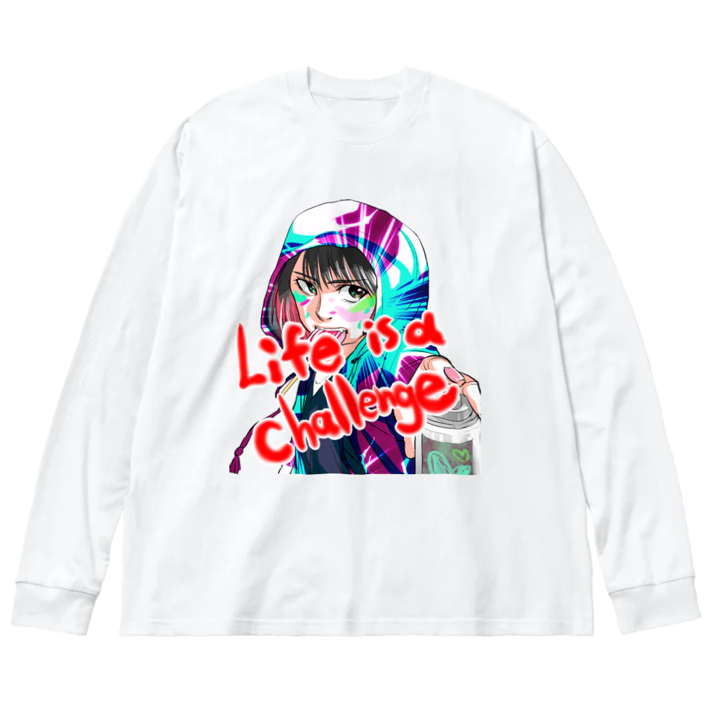 どでんちゃんのデザインショップ👩‍🎨のLife is a challenge ビッグシルエットロングスリーブTシャツ