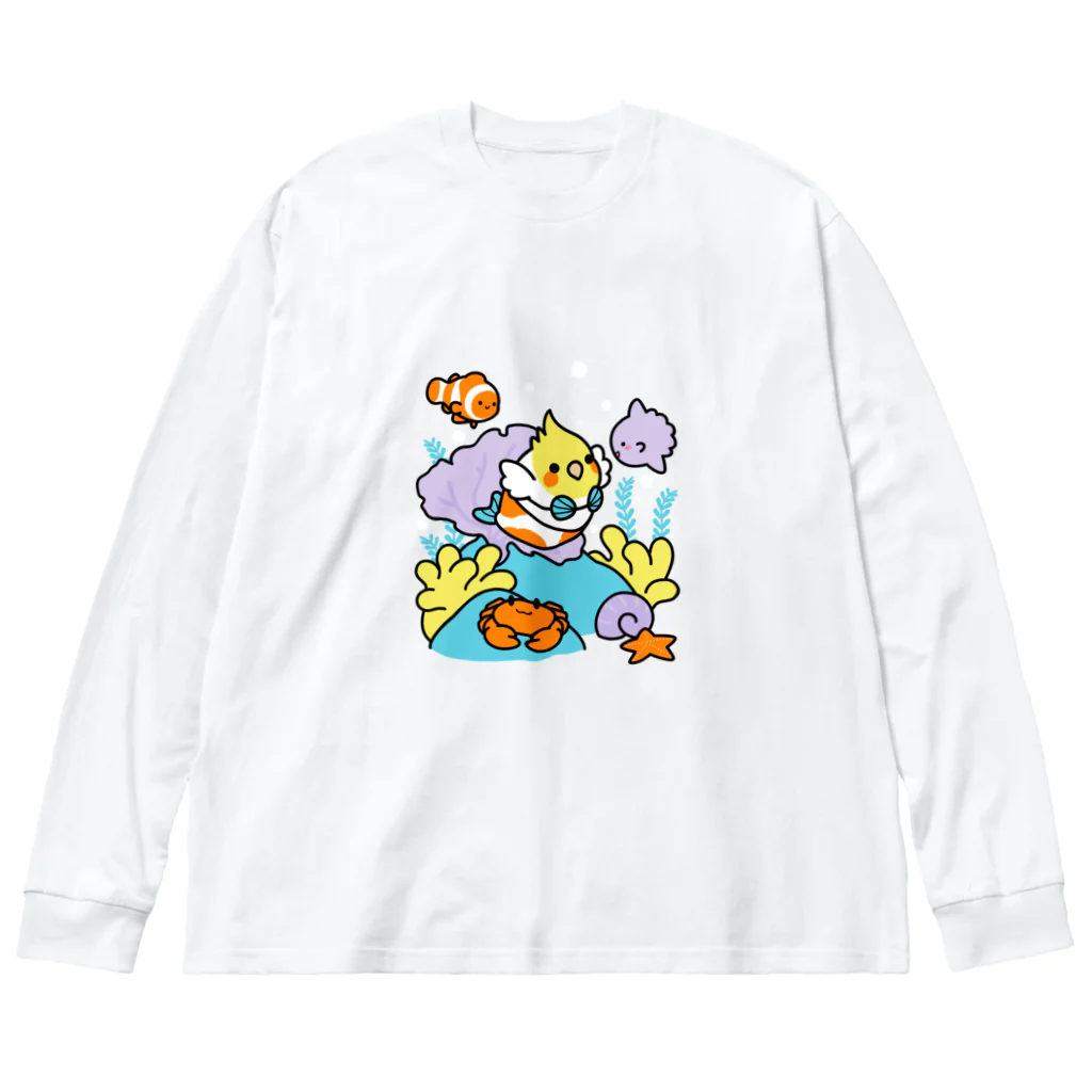 Cody the LovebirdのChubby Bird サンゴ礁を守ろう！　オカメインコと海のお友達 ビッグシルエットロングスリーブTシャツ