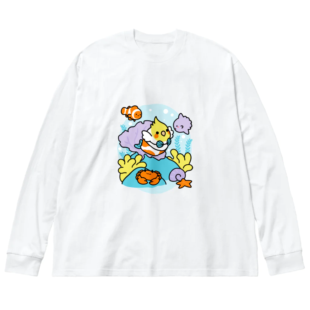 Cody the LovebirdのChubby Bird サンゴ礁を守ろう！　オカメインコと海のお友達 ビッグシルエットロングスリーブTシャツ