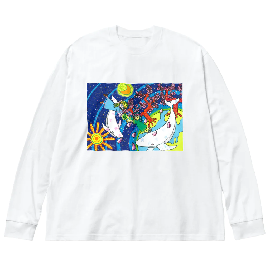 kouの落描き帳の桜の女神と白いクジラ ビッグシルエットロングスリーブTシャツ