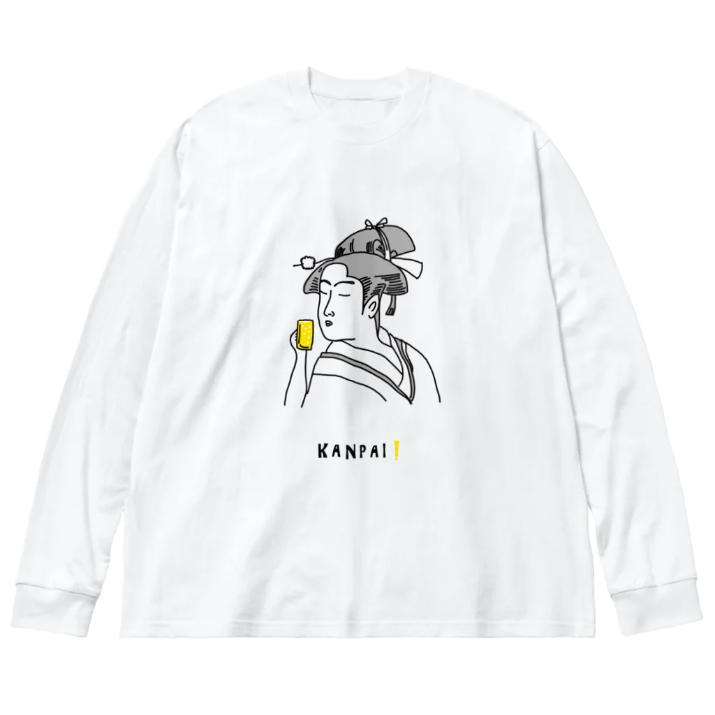 ビールとアート TM-3 Designの名画 × BEER（美人画）黒線画 Big Long Sleeve T-Shirt