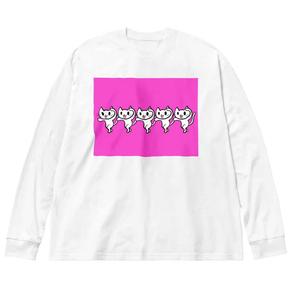 ユウコ∞ナカムラのショップの踊るネコネコシリーズ（白ネコ×ビビッドピンク） ビッグシルエットロングスリーブTシャツ