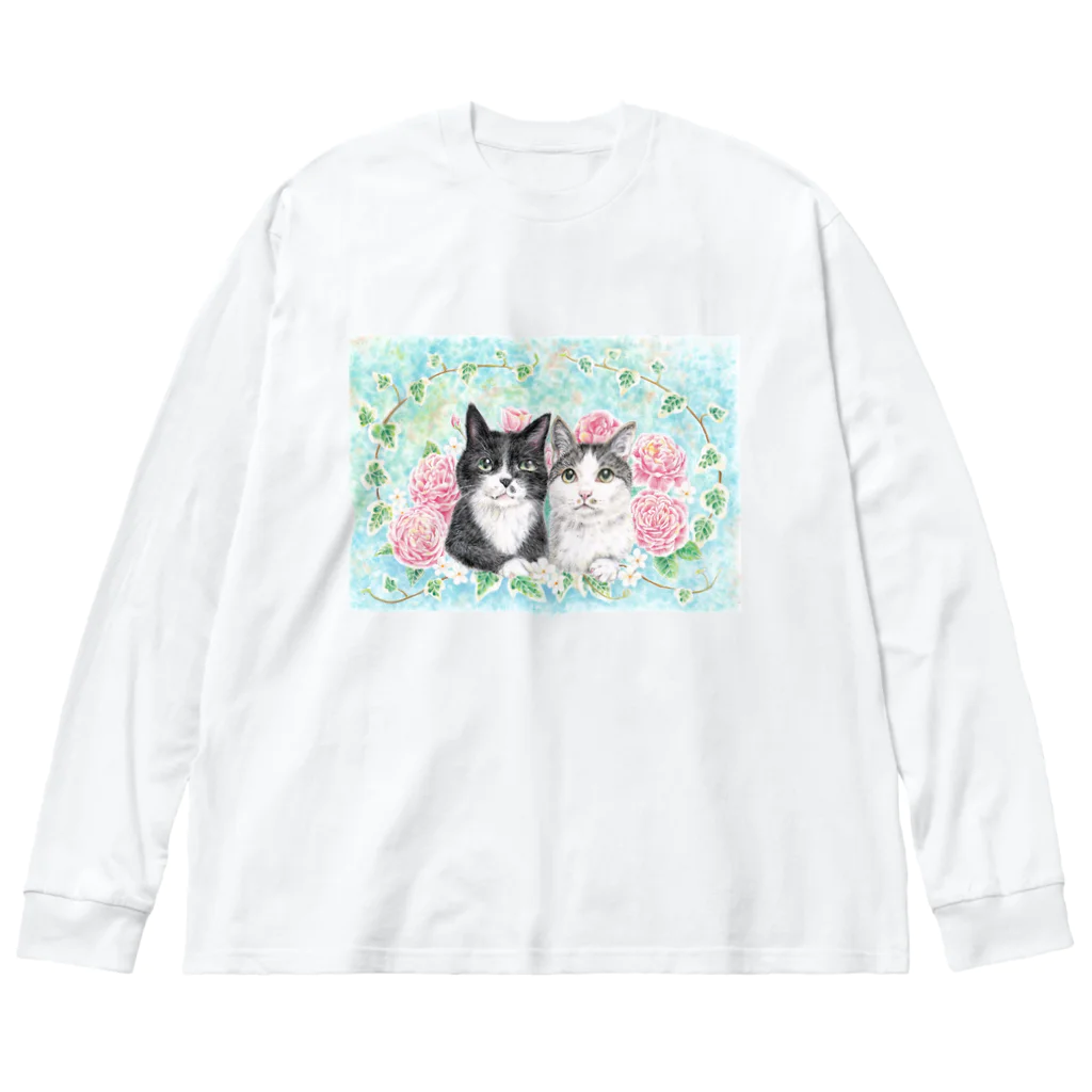 Ａｔｅｌｉｅｒ　Ｈｅｕｒｅｕｘのクロとモネ　薔薇をあしらったパステルイラスト Big Long Sleeve T-Shirt