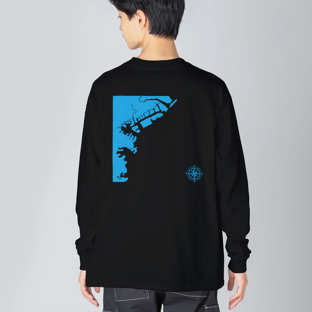 cuuyabowの横浜港海岸Map / Blue Land ビッグシルエットロングスリーブTシャツ