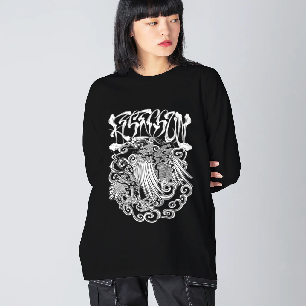 Y's Ink Works Official Shop at suzuriのRising sun Crow (White Print) Big Long Sleeve T-Shirt