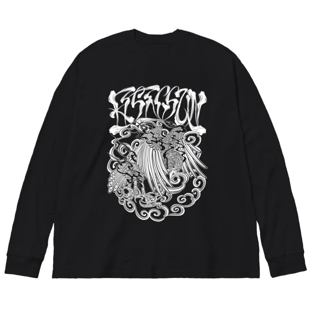 Y's Ink Works Official Shop at suzuriのRising sun Crow (White Print) Big Long Sleeve T-Shirt