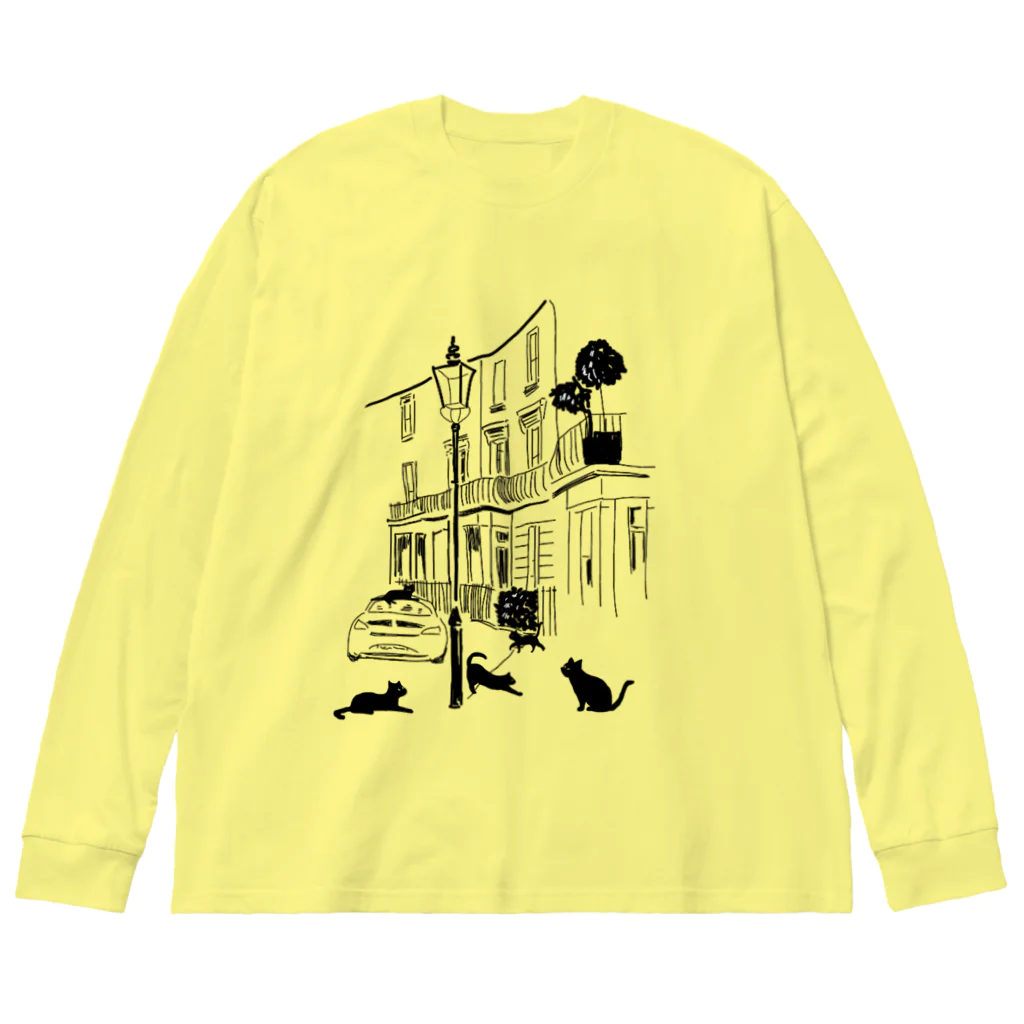 小鳥と映画館の猫の街 ビッグシルエットロングスリーブTシャツ