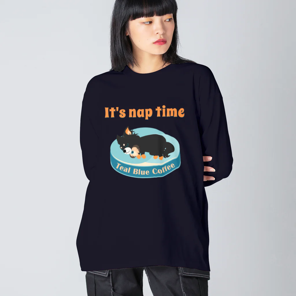 Teal Blue Coffeeのお昼寝の時間　-puppy teal- Big Long Sleeve T-Shirt