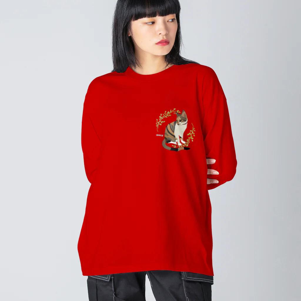 小鳥と映画館の三毛猫 ミャオ バックプリントバージョン 胸元にも小さく Big Long Sleeve T-Shirt